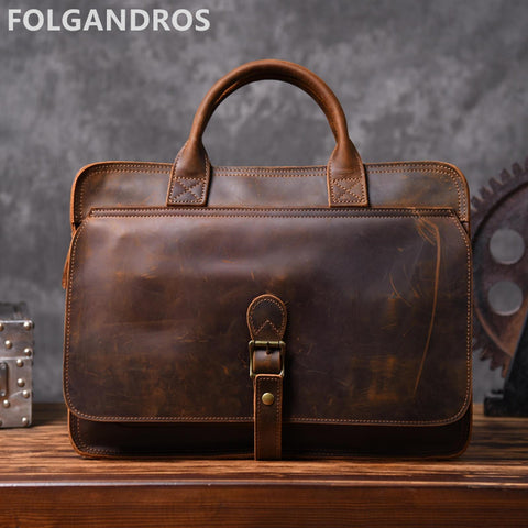Men Brand Vintage Briefcases Genuine Leather Business Document Computer Briefcase Large Capacity